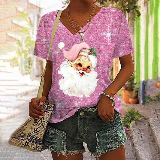 Women's Pink Christmas Santa Print V Neck T-Shirt