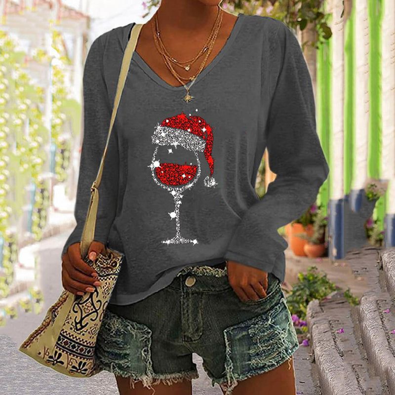 Christmas Wine Glass Print V-Neck Long Sleeved T-Shirt