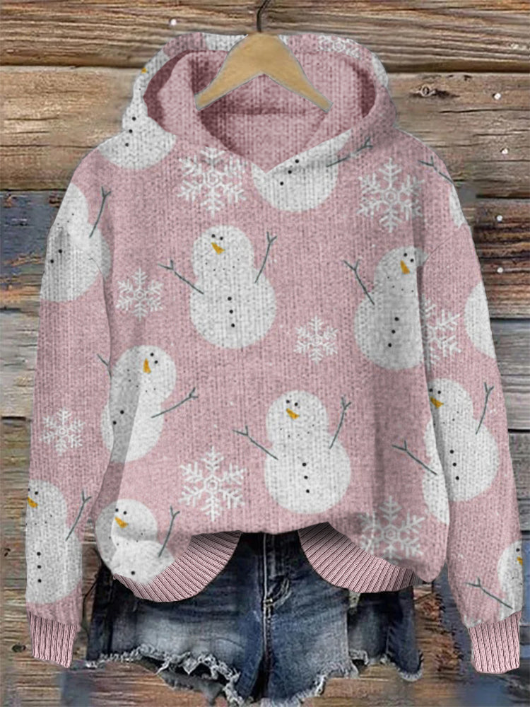 Snowman & Snowflake Pattern Cozy Knit Hoodie