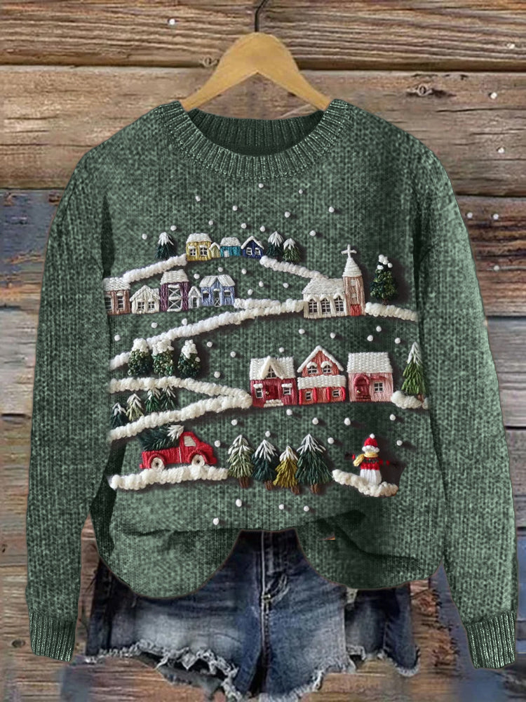 Snowy Christmas Town Embroidery Art Cozy Knit Sweater