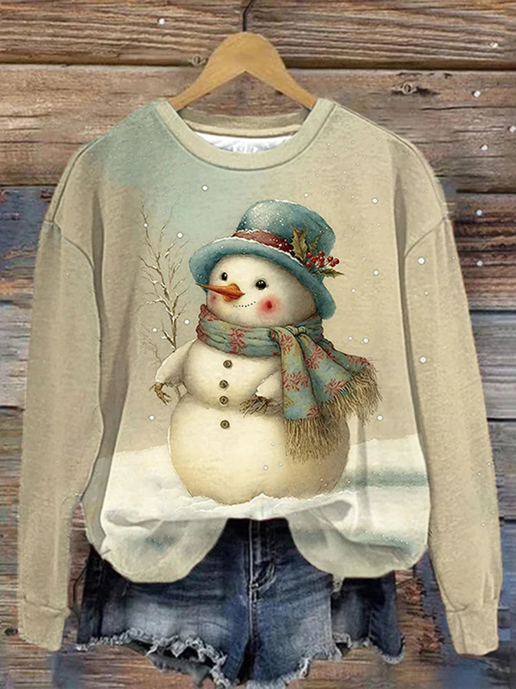 Women's Vintage Christmas Winter Snowman Print Sweatshirt