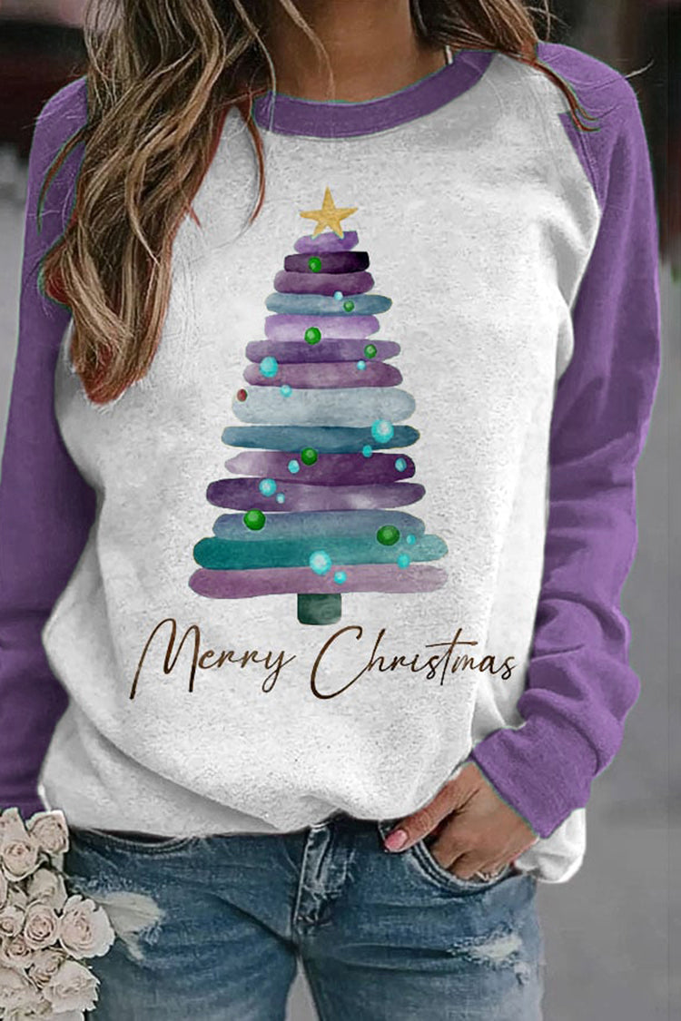 Purple Merry Christmas Tree Print Sweatshirt