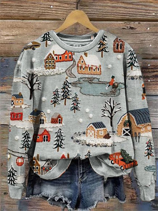 Snowy Christmas Town Embroidery Pattern Sweatshirt