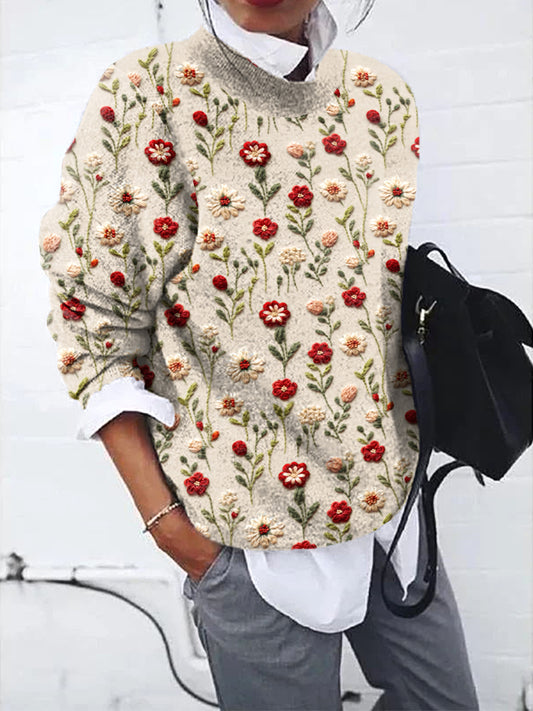 Wildflowers Embroidery Art Casual Cozy Knit Sweater