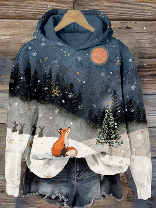 Forest Snow Fox Christmas Tree Graphic Comfy Sweatshirt