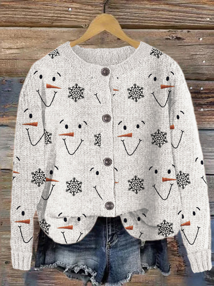 Snowman Faces & Snowflakes Embroidery Pattern Cozy Knit Cardigan