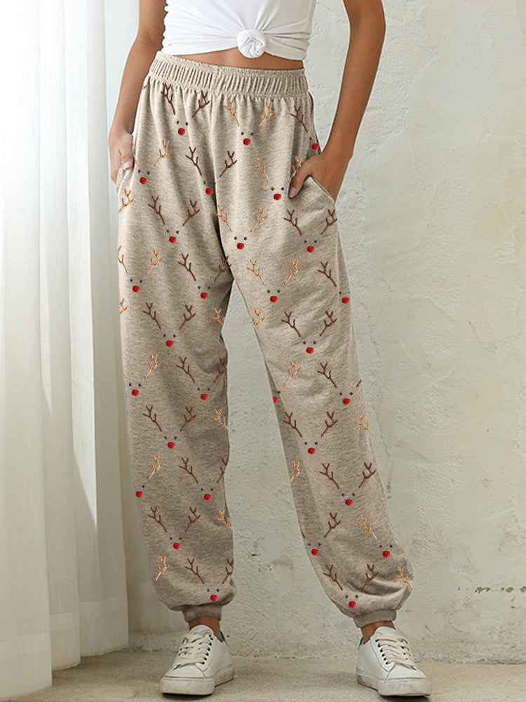 Christmas Reindeer Faces Embroidery Pattern Cozy Sweatpants