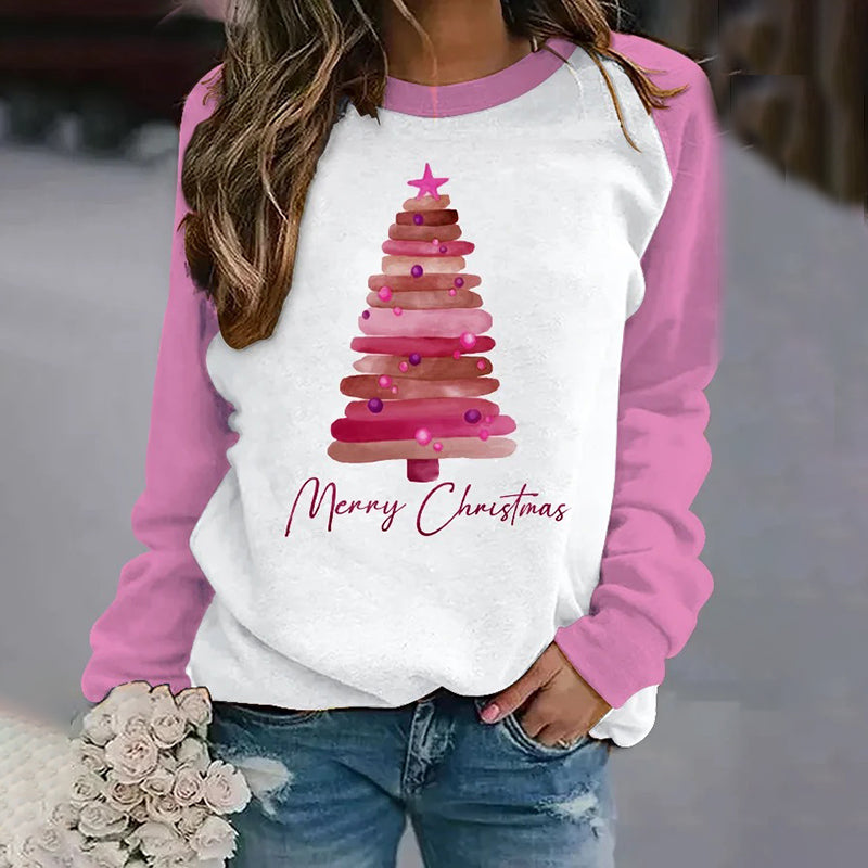 Women's Pink Christmas Tree Print Sweatshirt