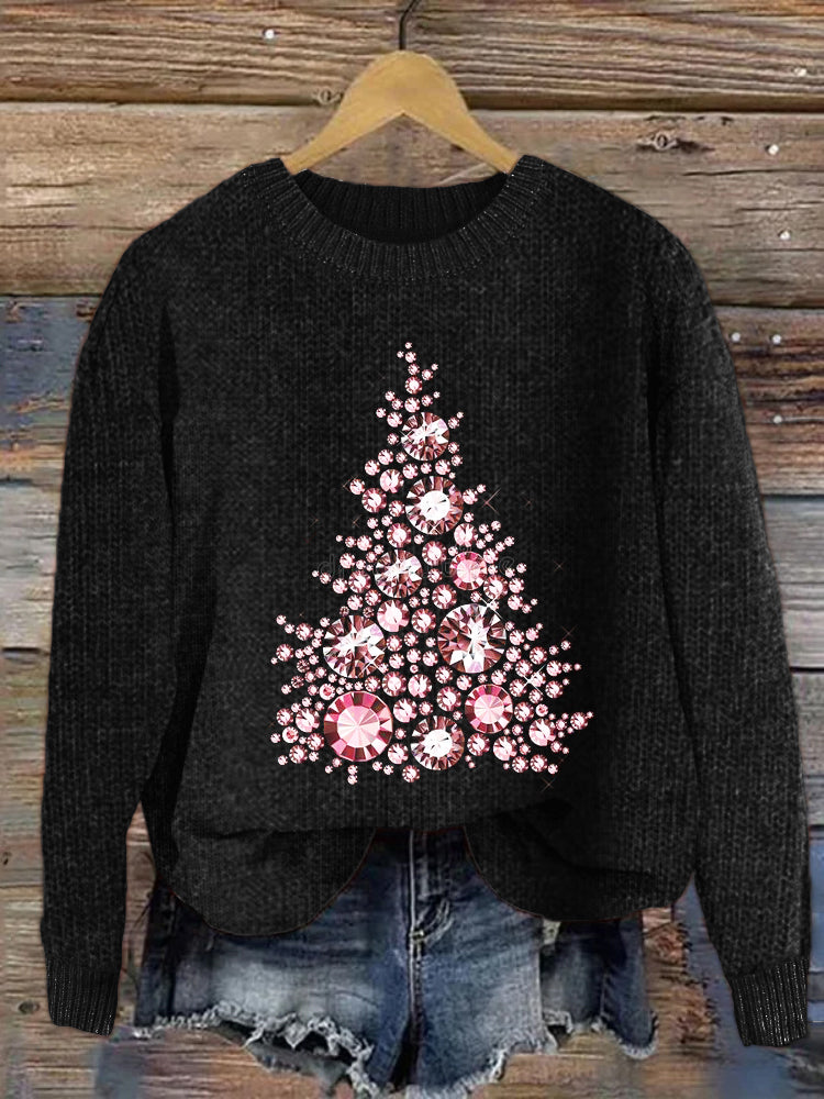 Christmas Tree Glitter Rhinestone Art Cozy Knit Sweater