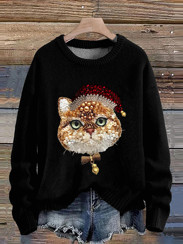 Christmas Jewelry Art Santa Kitten Print Knit Pullover Sweater