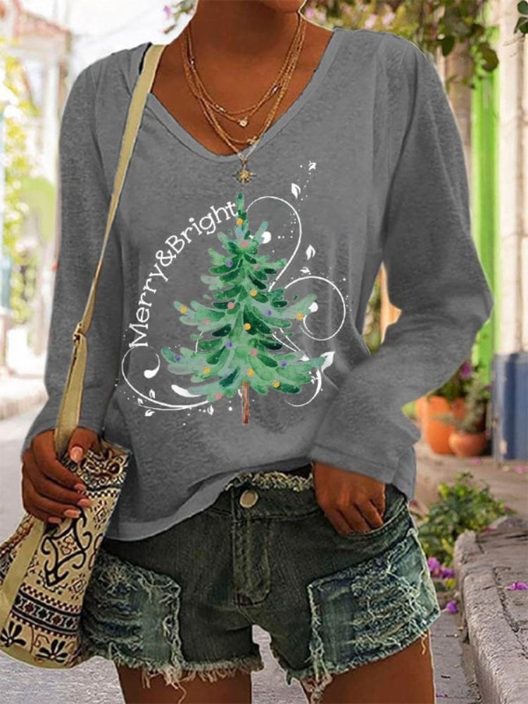 Merry And Bright Christmas Tree Print T Shirt