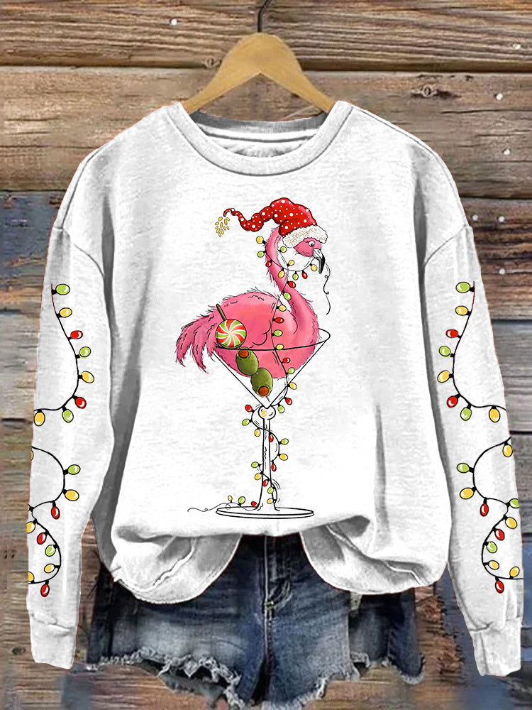 Flamingo Christmas Lights Print Casual Cozy Sweatshirt