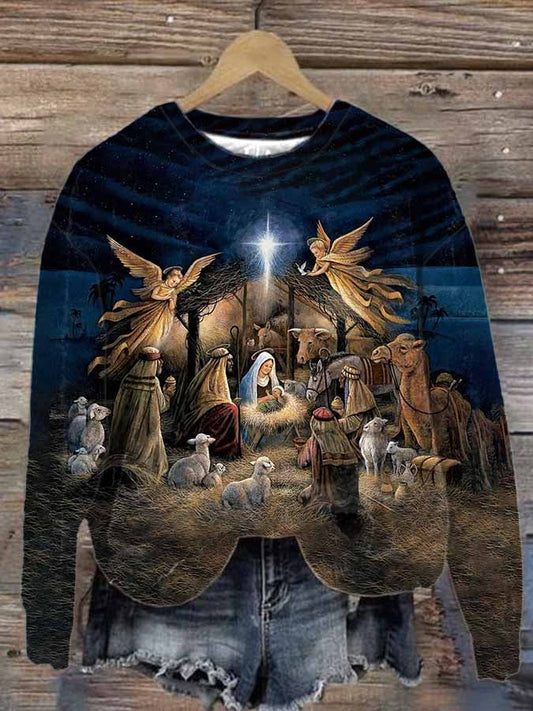 Women'S Jesus Was Born Print Long Sleeve Sweatshirt