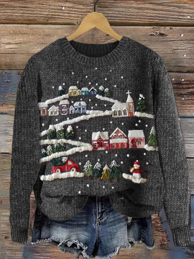 Snowy Christmas Town Embroidery Art Cozy Knit Sweater