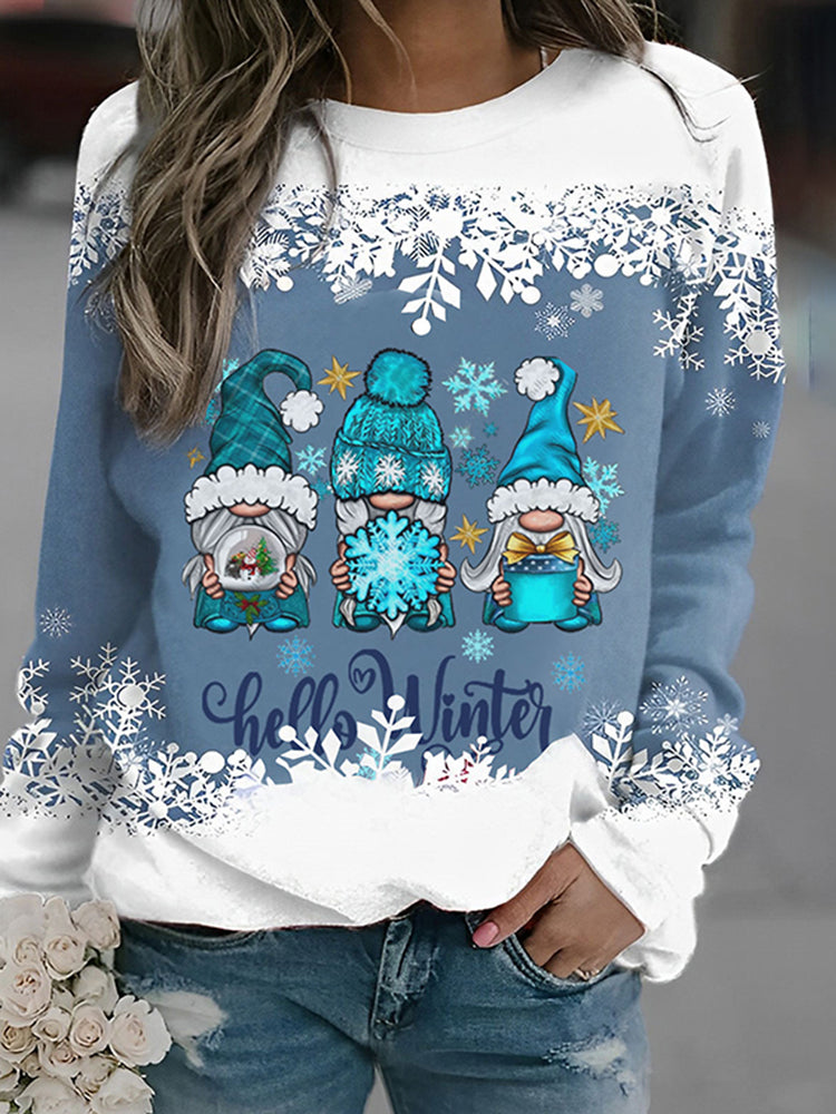 Hello Winter Gnomes Snowflake Long Sleeve Sweatshirt