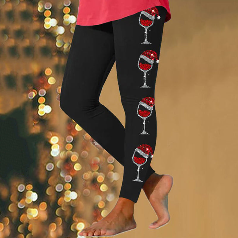 Christmas Wine Glass Printed Casual Leggings