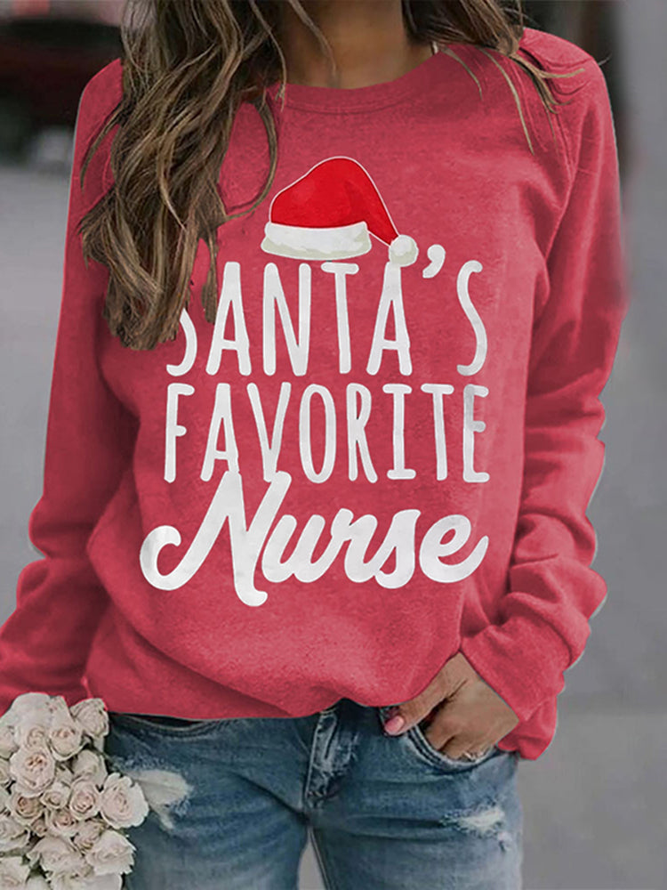 Santa's Favorite Nurse Print Round Neck Long Sleeve Sweatshirt