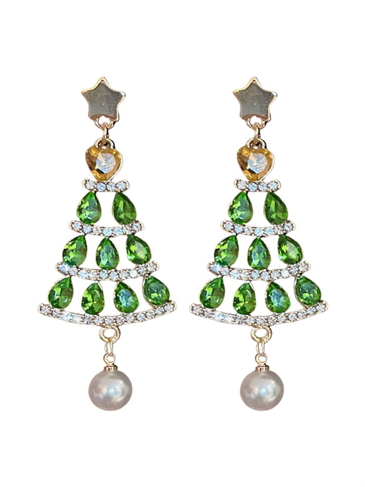 Glitter Christmas Tree Pearl Pendant Earrings