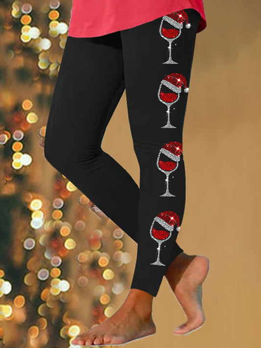 Christmas Wine Glass Printed Casual Leggings