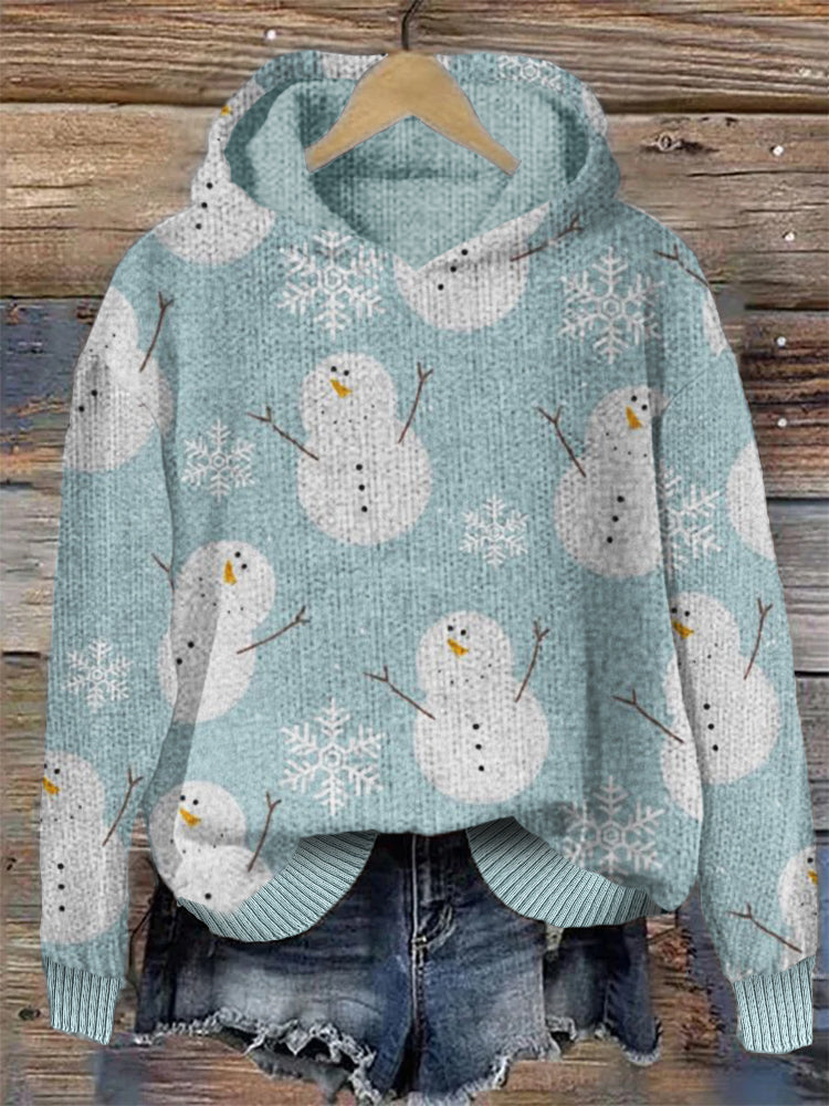 Snowman & Snowflake Pattern Cozy Knit Hoodie