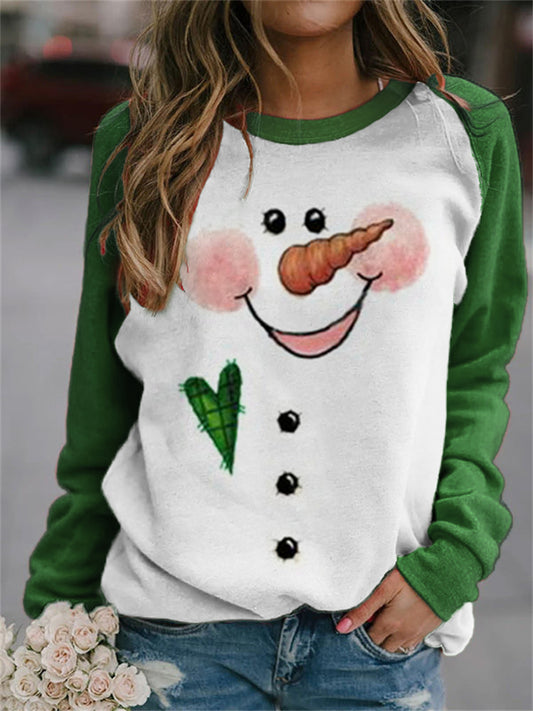 Christmas Cute Heart Snowman Colorblock Sweatshirt