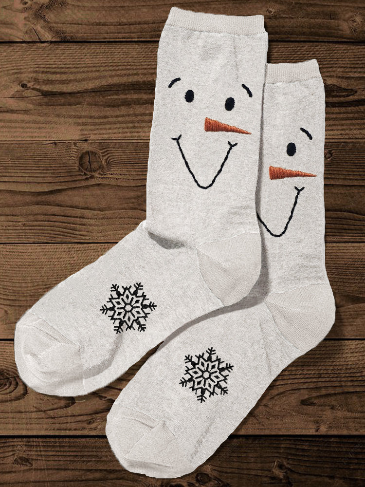 Snowman Face & Snowflakes Embroidery Art Socks