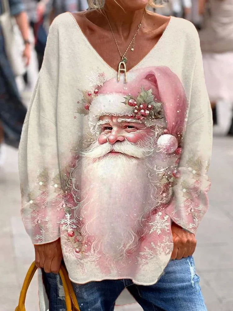 Santa Claus Print V-Neck Long Sleeved T-Shirt