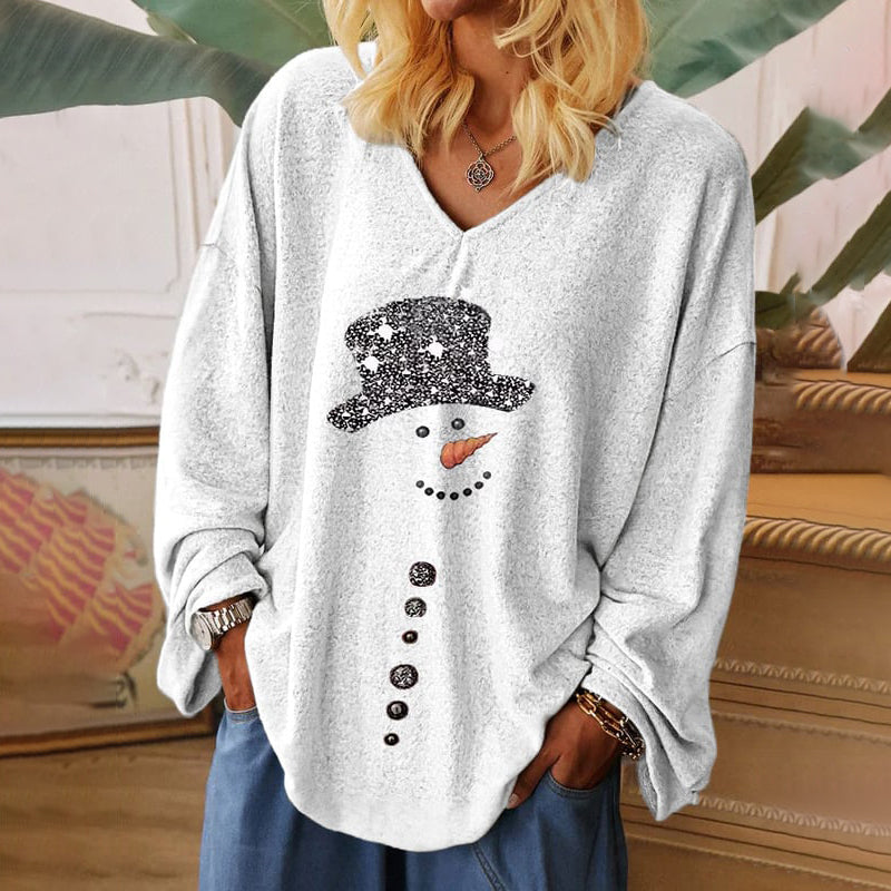 Christmas Snowman Print Casual V-Neck Long Sleeve T-Shirt