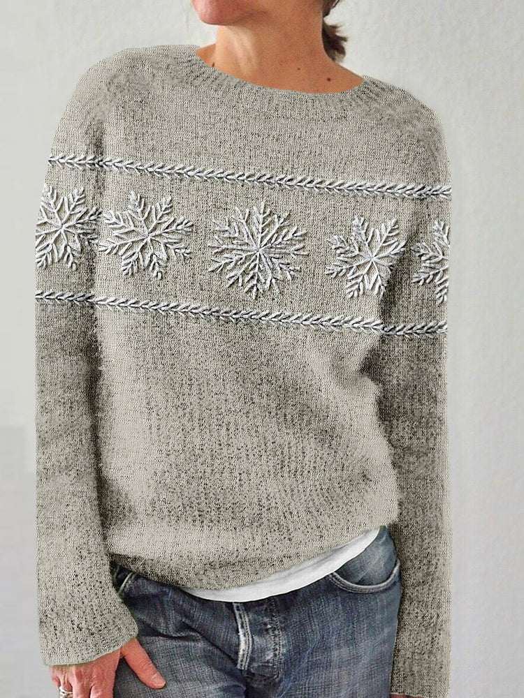 White Snowflakes Embroidery Art Cozy Sweater