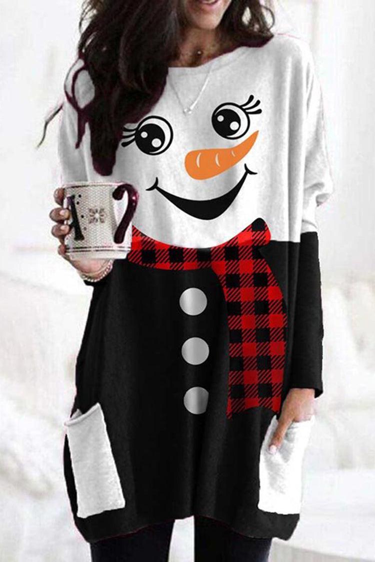 Christmas Snowman Print Crew Neck Casual Tunic