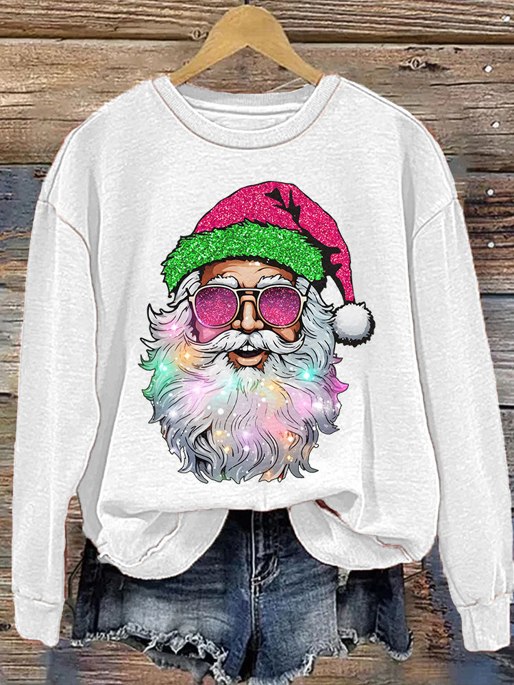 Santa with Sunglasses Printed Christmas Casual Cozy Sweatshirt