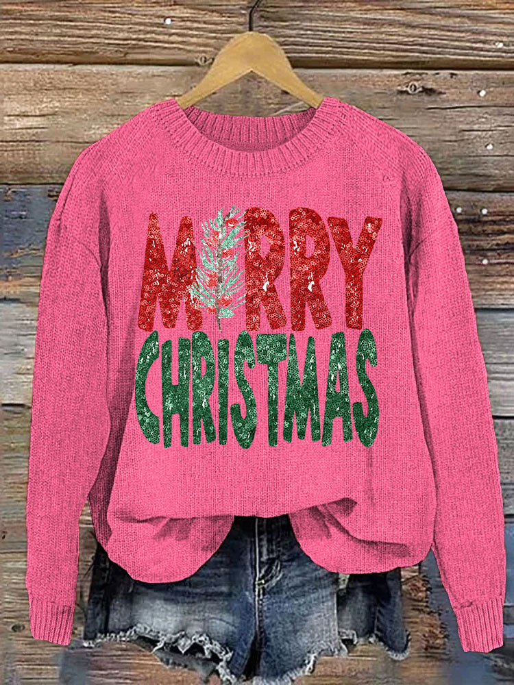 Merry Christmas Sequin Print Casual Cozy knit Sweater