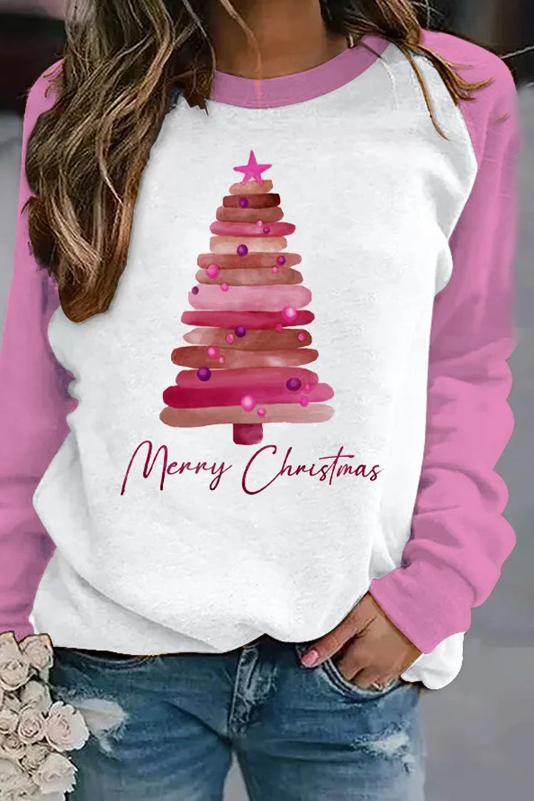 Women's Pink Christmas Tree Print Sweatshirt