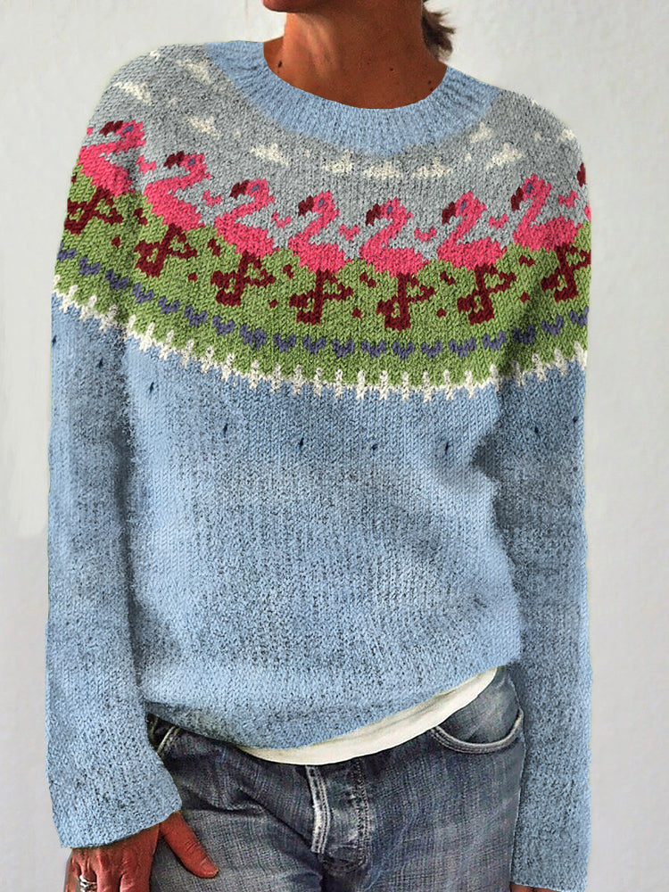 Christmas Flamingo Casual Cozy Knit Sweater