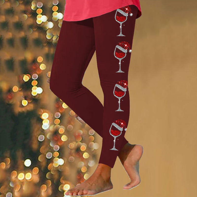 Christmas Wine Glass Printed Casual Leggings