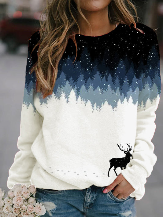 Christmas Deer Print Long Sleeve Sweatshirt