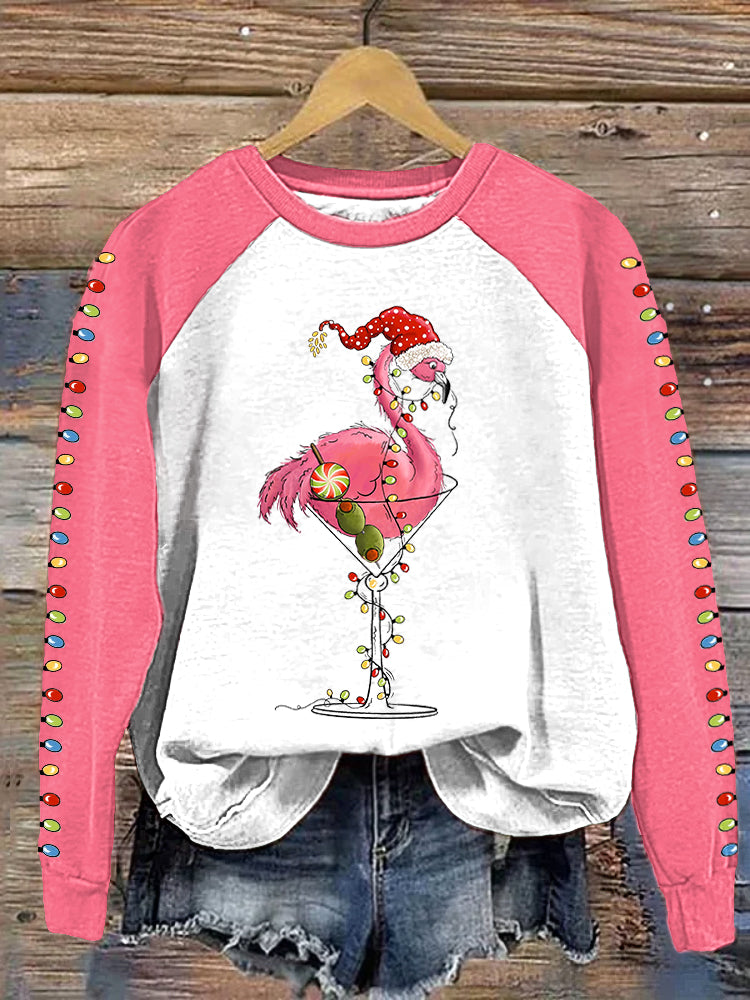 Christmas Flamingo Colorful Lights Print Casual Cozy Sweatshirt