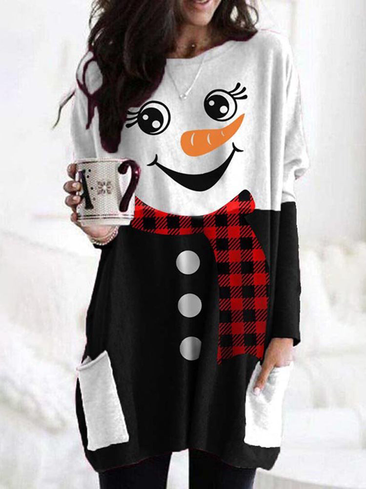 Christmas Snowman Print Crew Neck Casual Tunic