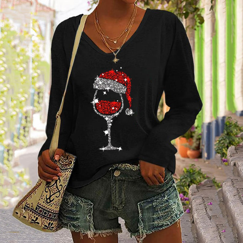 Christmas Wine Glass Print V-Neck Long Sleeved T-Shirt