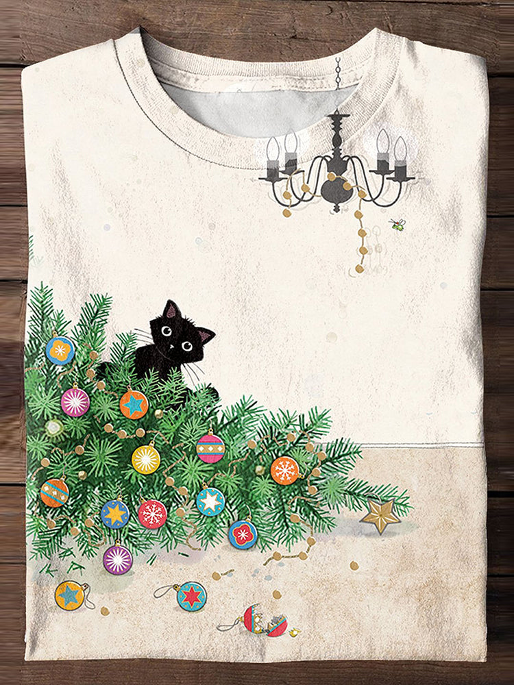 Christmas Funny Cat Print Long Sleeve T-Shirt