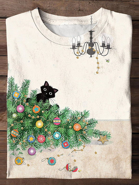 Christmas Funny Cat Print Long Sleeve T-Shirt