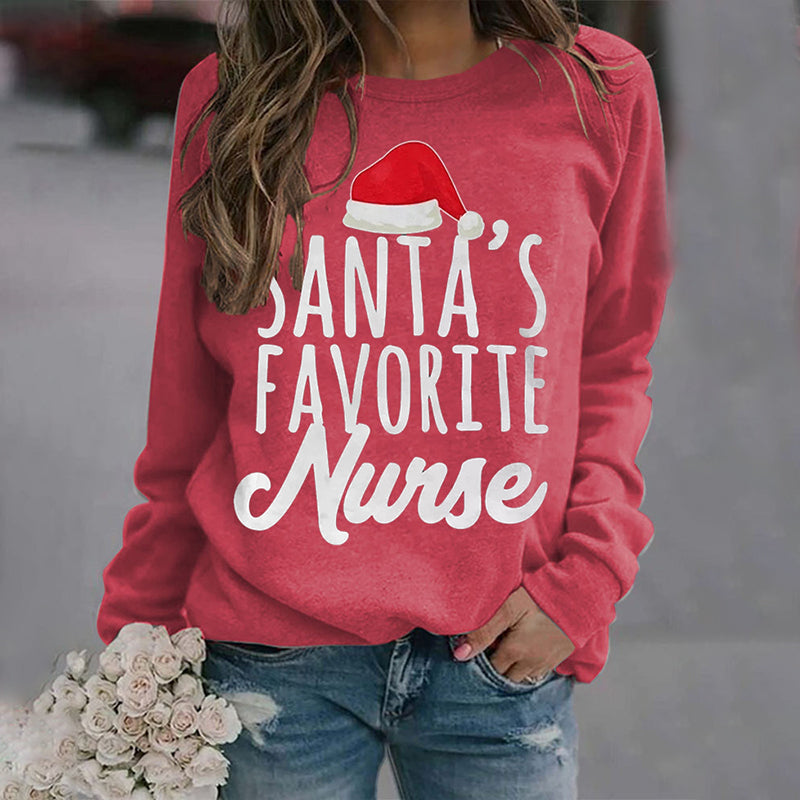 Santa's Favorite Nurse Print Round Neck Long Sleeve Sweatshirt