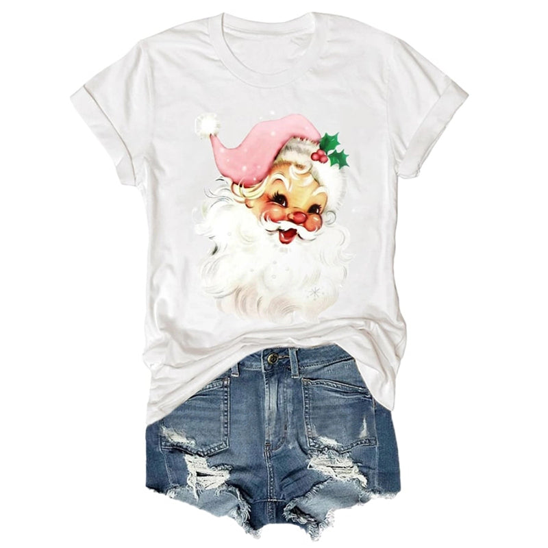 Christmas Retro Pink Santa Print T Shirt