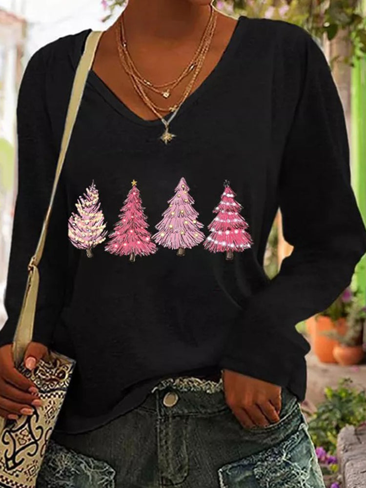 Women's Pink Christmas Tree Print V-Neck Long Sleeve T-Shirt