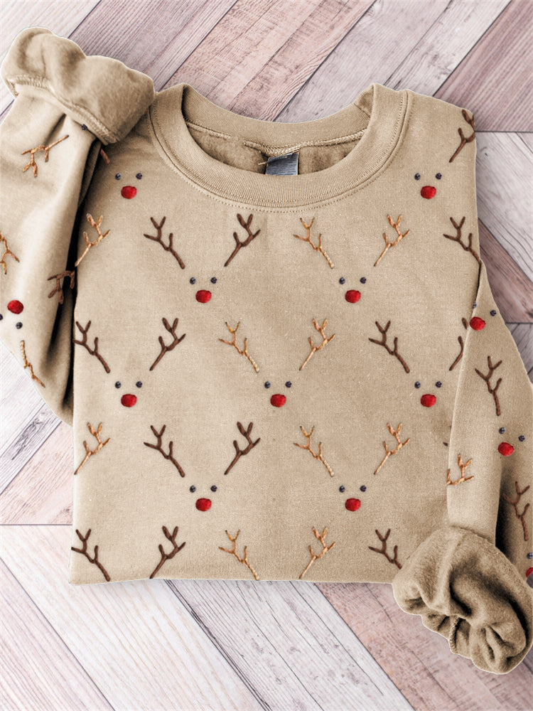 Christmas Reindeer Faces Embroidery Pattern Comfy Sweatshirt