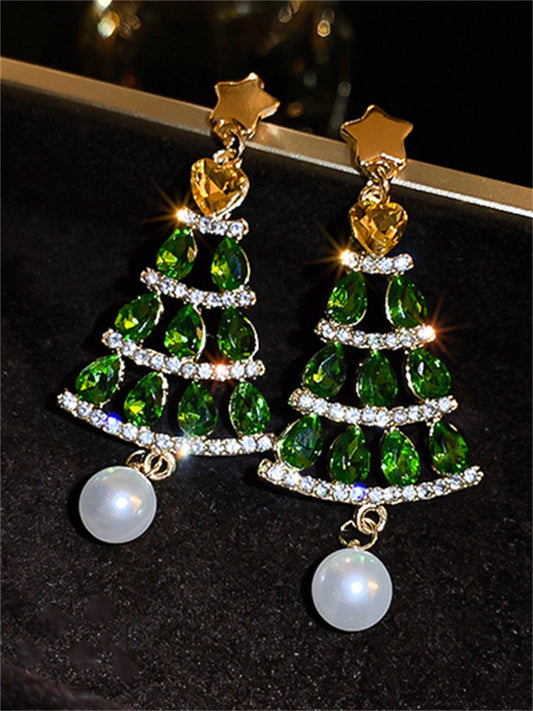 Glitter Christmas Tree Pearl Pendant Earrings