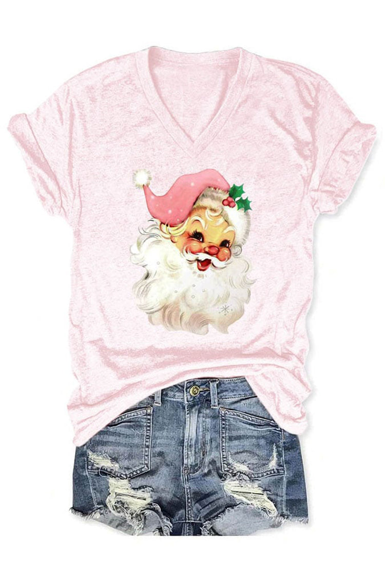 Christmas Pink Santa Print V Neck T-Shirt