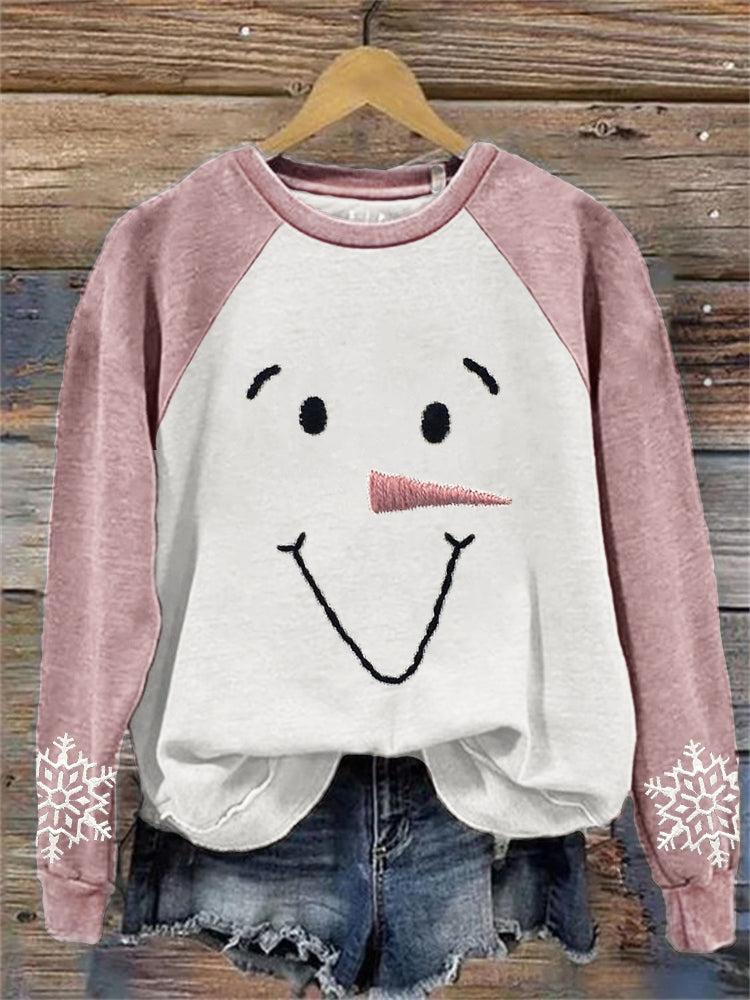 Snowman Faces & Snowflakes Embroidered Raglan Sweatshirt