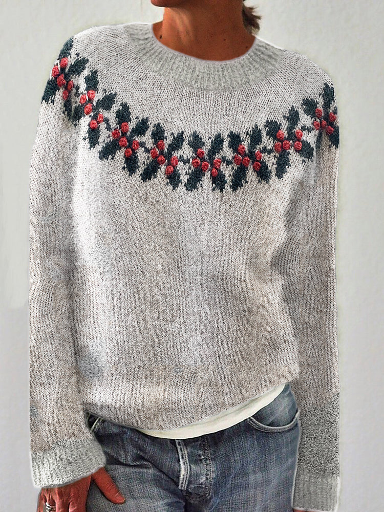 Christmas Berry Inspired Cozy Knit Yoke Sweater