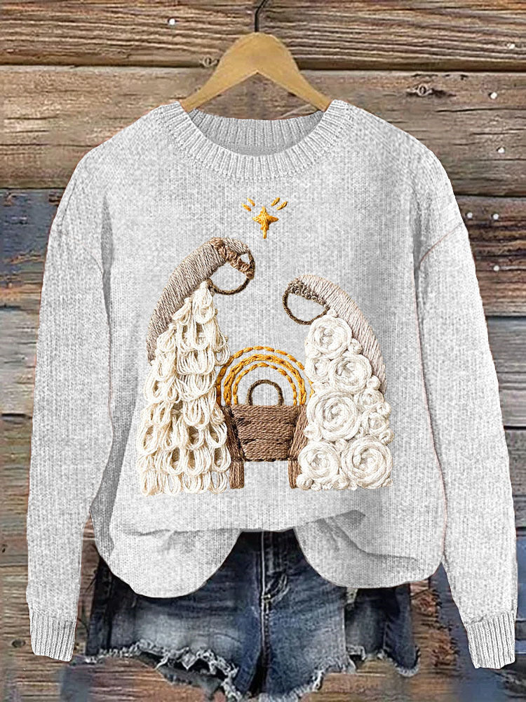 Christmas Nativity Embroidery Art Casual Cozy Knit Sweater